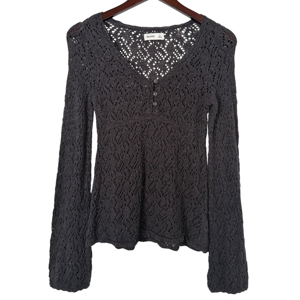 Hollister Dark Gray Pointelle Knit Long Sleeve V-Neck Henley Top Womens Medium